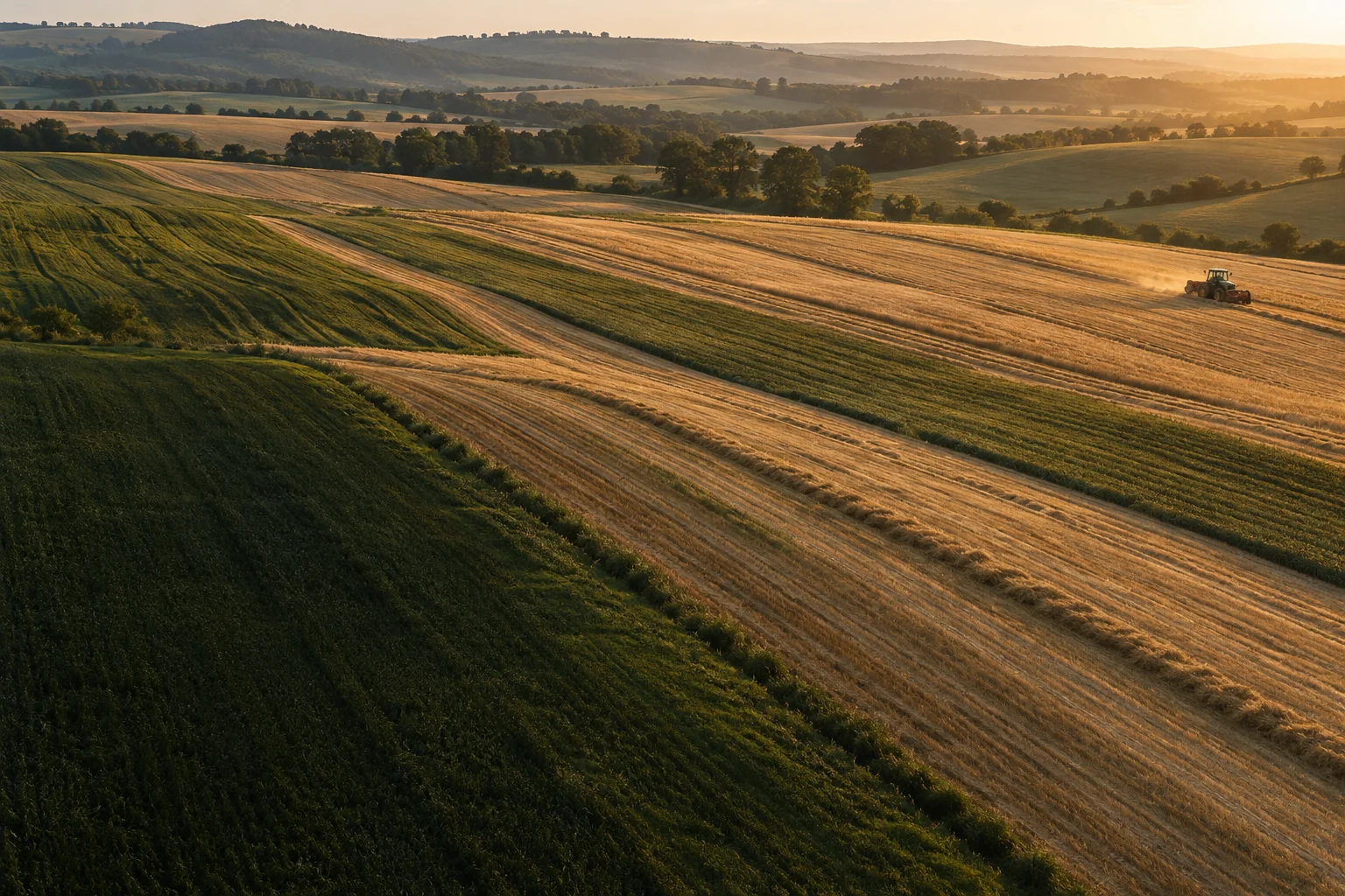 Golden and green farmland with parallel crop rows